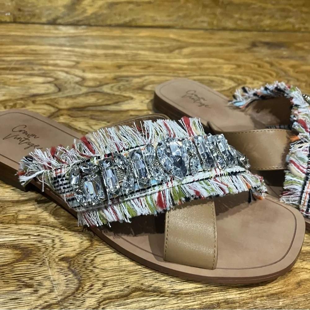 Crown Vintage blingy fabric fringe slides. Sz 9.5 - Picture 5 of 16